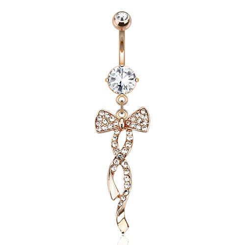 Piercing pour le nombril plaqué or rose avec nœud incrusté de pierres