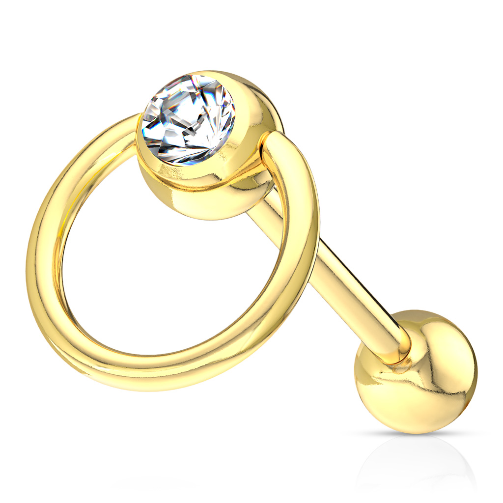 Piercing pour la langue avec anneau et pierre claire revêtement en or