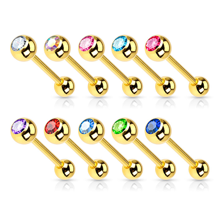 Piercing pour la langue avec pierres de différentes couleurs revêtement en or