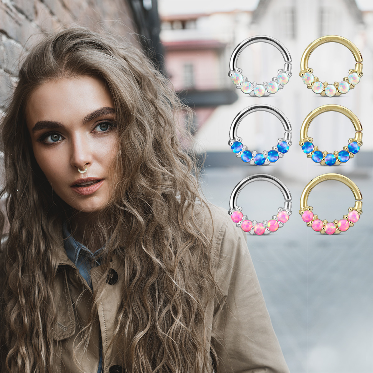 Anneau septum en or 14 carats avec des perles opales