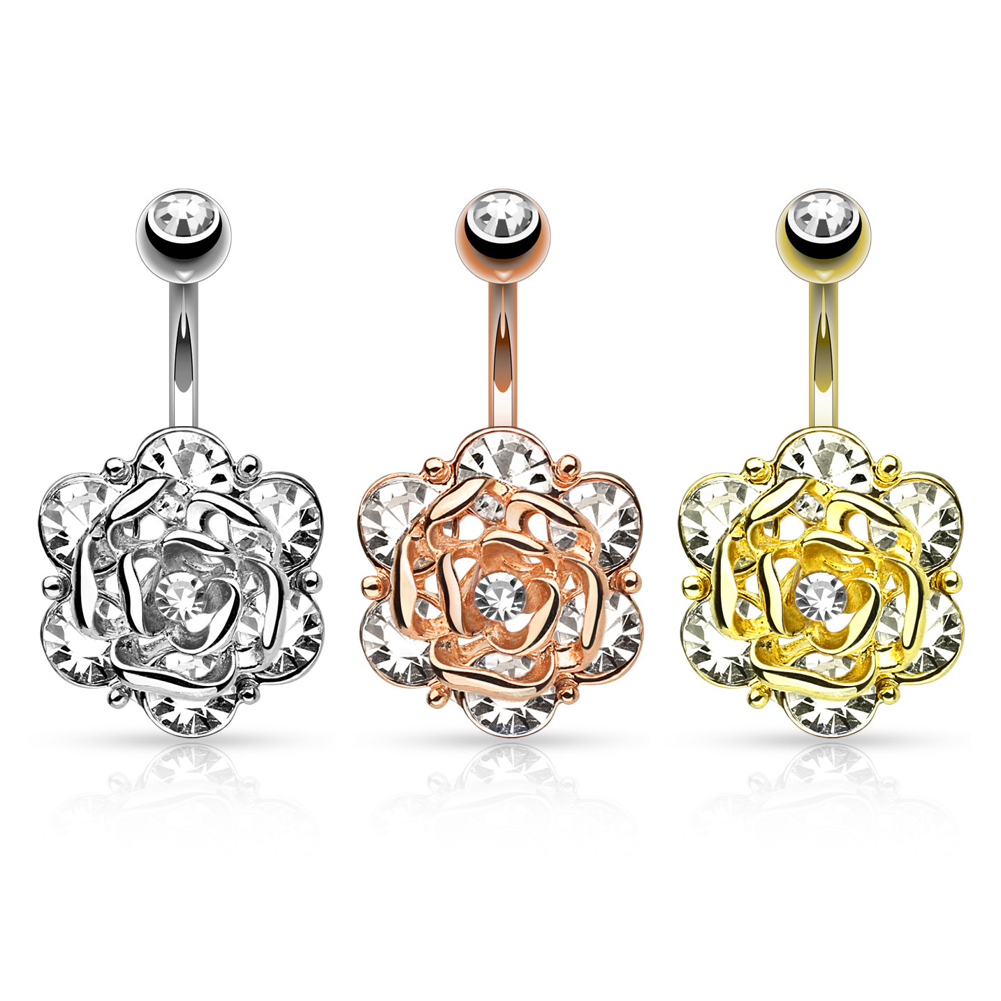 Piercing pour le nombril en plusieurs couleurs avec fleur en pierre