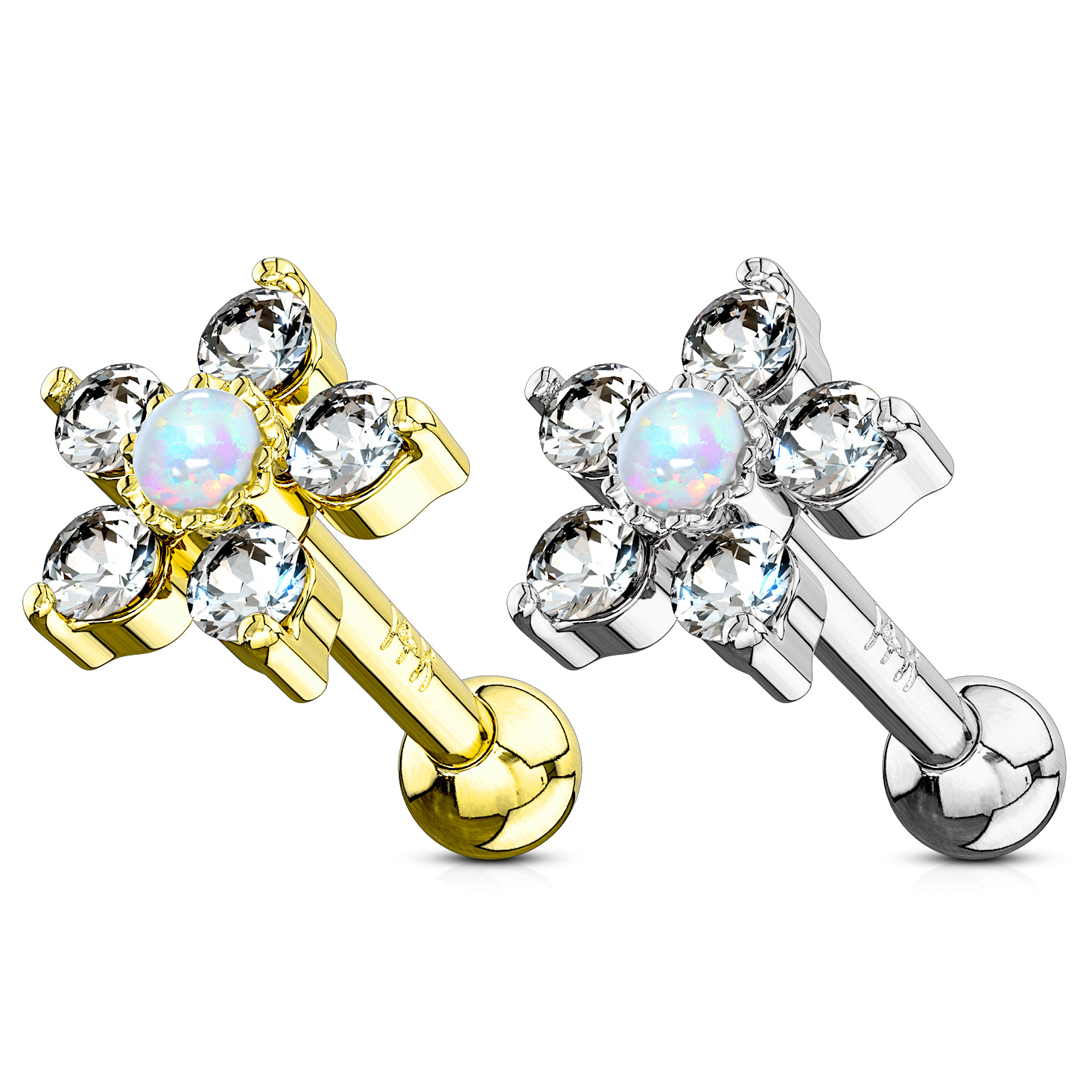 Piercing pour l'oreille en or 14 carats en forme de fleur et opale au centre