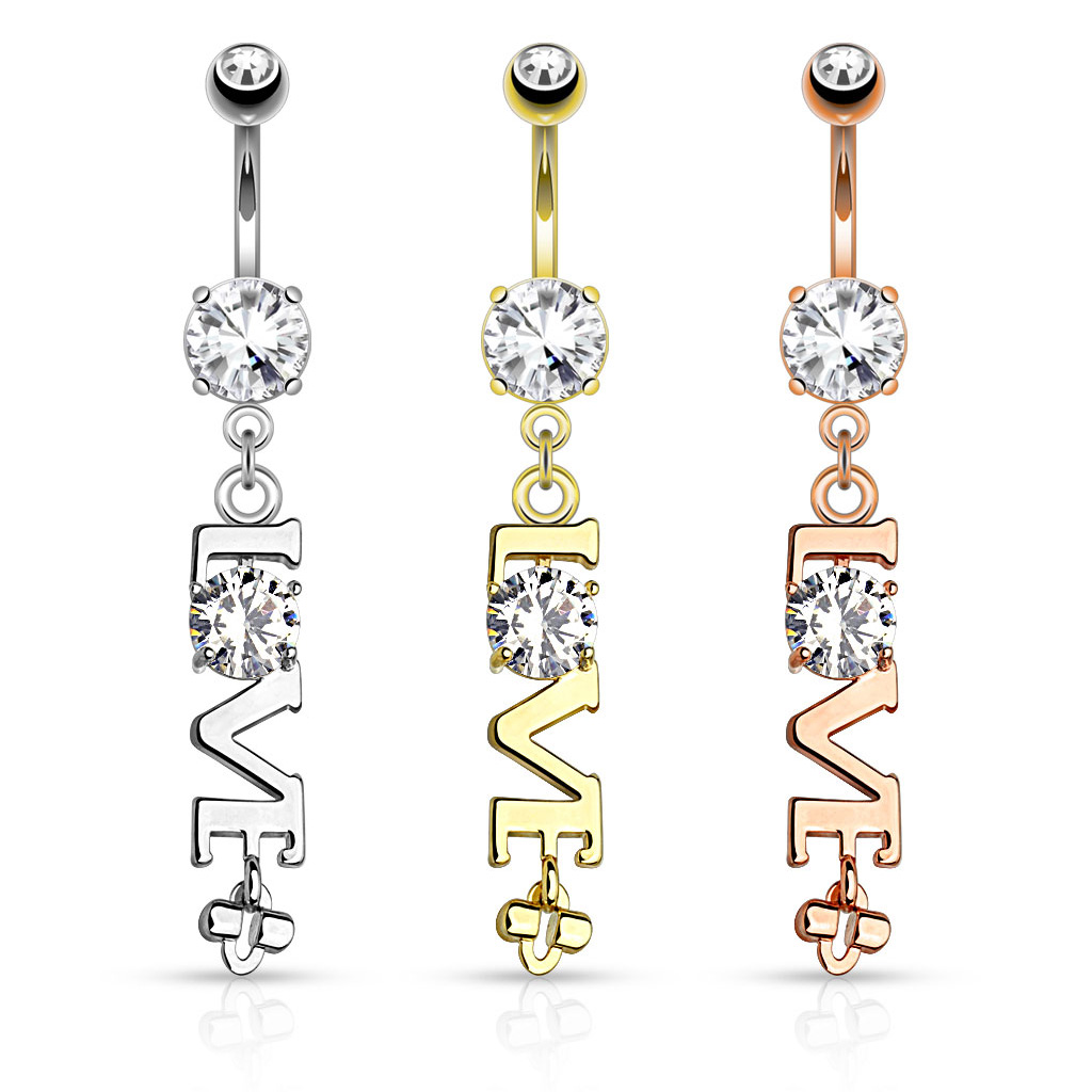 Piercing pour le nombril avec love en pendentif orné de pierres