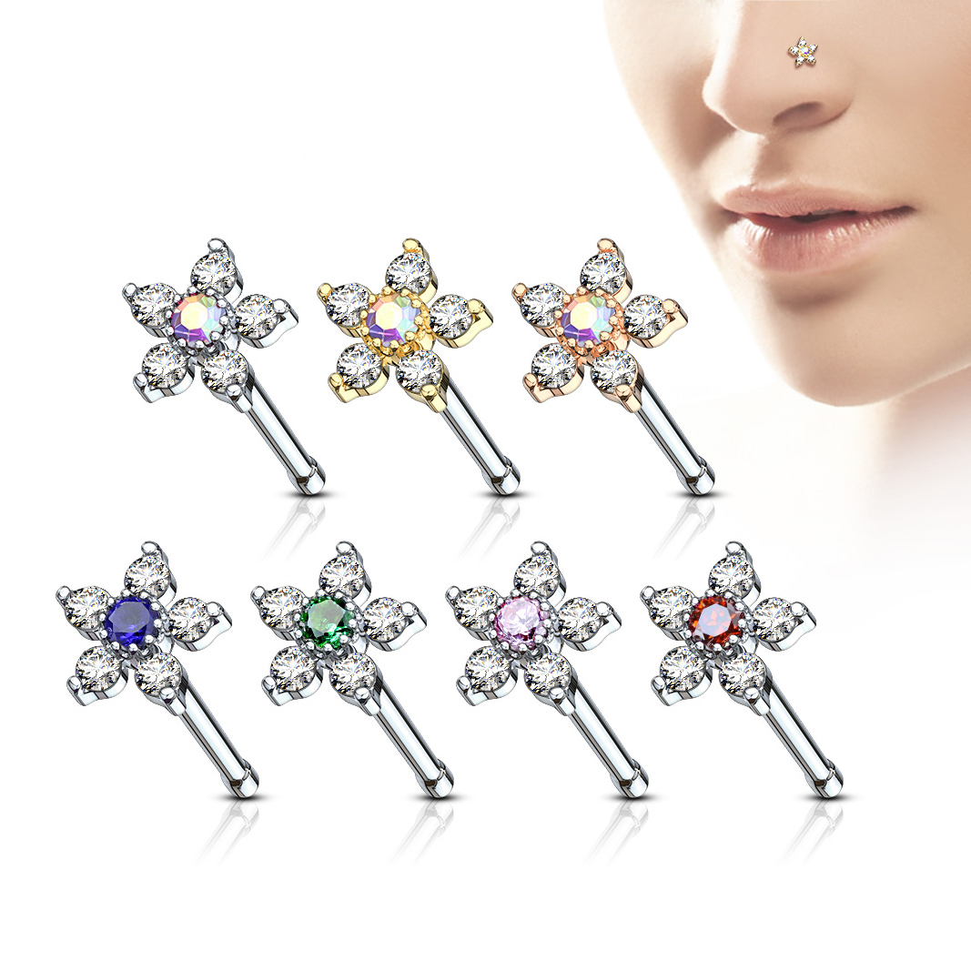 Tige pour le nez avec une fleur incrustée de pierres