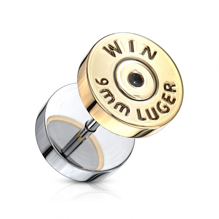 Flesh tunnel Magnum 357 plug piercing oreille en Acier Inoxydable Cartouche Bullet Balle Or 