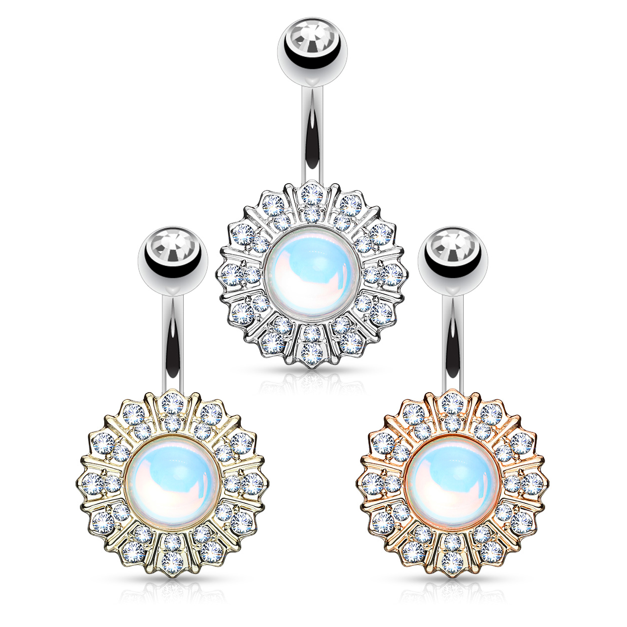 Piercing pour le nombril avec fleur et pierre centrale réflectrice