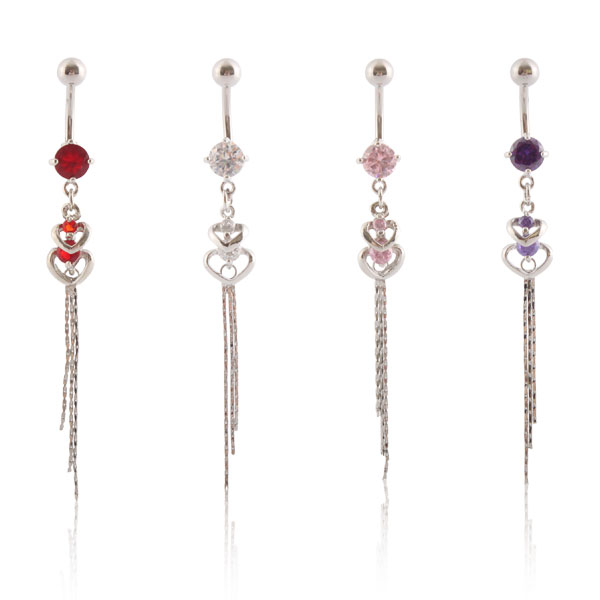 Piercing pour le nombril avec double pendentif coeur et pierre